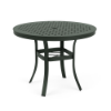 36" Universal aluminum round commercial patio dining table in Hunter Green with Cube patterned tabletop and curved four-leg base