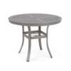 36" Universal aluminum round commercial patio dining table in Platinum with decorative Slat tabletop, umbrella hole, and curved legs