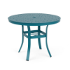 36" Universal aluminum round commercial patio dining table in Metallica Lagoon with Bubble patterned tabletop and umbrella hole