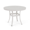 36" Universal aluminum round commercial patio dining table in Sky White with solid tabletop, umbrella hole, and curved four-leg base