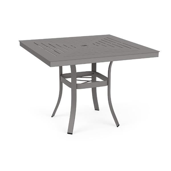 36" Universal aluminum square commercial patio dining table in Titanium Gray with decorative Slat tabletop, umbrella hole, and curved legs