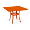 36" Universal aluminum square commercial patio dining table in orange with solid tabletop, umbrella hole, and curved four-leg base