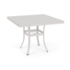 36" Universal aluminum square commercial patio dining table in Sky White with solid tabletop, umbrella hole, and curved four-leg base
