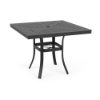 36" Universal aluminum square commercial patio dining table in Starlight Black with decorative Slat tabletop, umbrella hole, and curved legs
