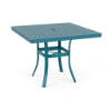 36" Universal aluminum square commercial patio dining table in Metallica Lagoon with Bubble patterned tabletop, umbrella hole, and curved four-leg base