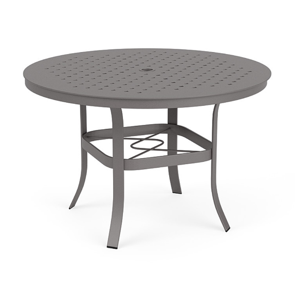 42" Universal aluminum round commercial patio dining table in Titanium Gray with Cube patterned tabletop, umbrella hole, and curved four-leg base