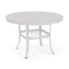 42" Universal aluminum round commercial patio dining table in Sky White with solid tabletop, umbrella hole, and curved four-leg base