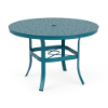 42" Universal aluminum round commercial patio dining table in Metallica Lagoon with Bubble patterned tabletop, umbrella hole, and curved four-leg base