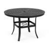 42" Universal aluminum round commercial patio dining table in Starlight Black with Slat patterned tabletop, umbrella hole, and curved four-leg base