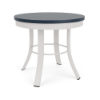 20" Universal round commercial patio side table with Navy MGP top and Sky White aluminum frame