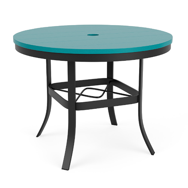 36" Universal round commercial patio dining table with Aruba MGP top, Starlight Black aluminum frame, and center umbrella hole