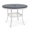 36" Universal round commercial patio dining table with Navy MGP top, Sky White aluminum frame, and center umbrella hole