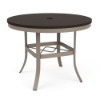 36" Universal round commercial patio dining table with Northeastern Walnut MGP top, Satin Amber aluminum frame, and umbrella hole