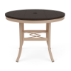 36" Universal round commercial patio dining table with Northeastern Walnut MGP top, Textured Antique Beige aluminum frame, and umbrella hole