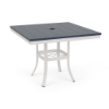 36" Universal square commercial patio dining table with Navy MGP top, Sky White aluminum frame, and center umbrella hole
