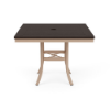 36" Universal square commercial patio dining table with Northeastern Walnut MGP top, Textured Antique Beige aluminum frame, and center umbrella hole