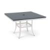 42" Universal square commercial patio dining table with Navy MGP top, Sky White aluminum frame, and center umbrella hole