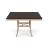 42" Universal square commercial patio dining table with Northeastern Walnut MGP top, Textured Antique Beige aluminum frame, and center umbrella hole