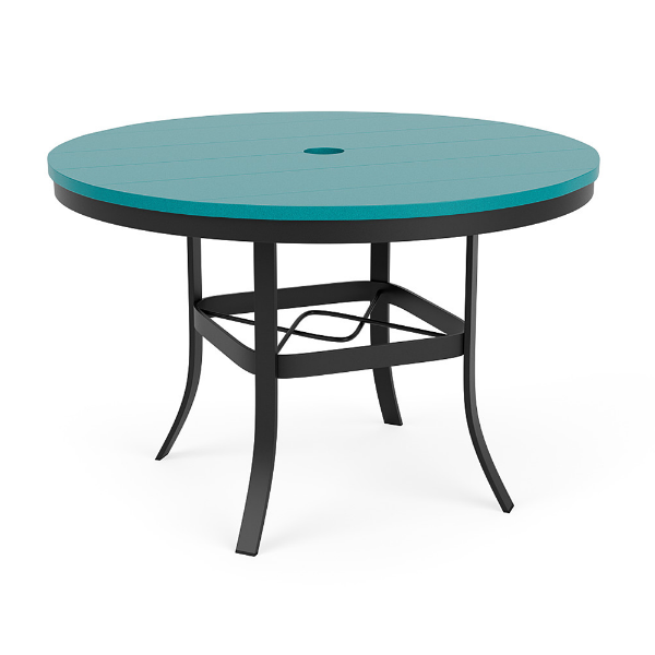 42" Universal round commercial patio dining table with Aruba MGP top, Starlight Black aluminum frame, and center umbrella hole