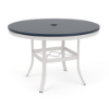 42" Universal round commercial patio dining table with Navy MGP top, Sky White aluminum frame, and center umbrella hole
