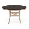 42" Universal round commercial patio dining table with Northeastern Walnut MGP top, Textured Antique Beige aluminum frame, and center umbrella hole