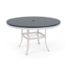 48" Universal round commercial patio dining table with Navy MGP top, Sky White aluminum frame, and center umbrella hole
