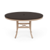 48" Universal round commercial patio dining table with Northeastern Walnut MGP top, Textured Antique Beige aluminum frame, and center umbrella hole