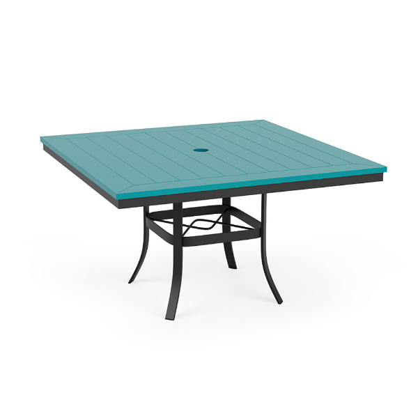 48" Universal square commercial patio dining table with Aruba MGP top, Starlight Black aluminum frame, and center umbrella hole