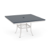 48" Universal square commercial patio dining table with Navy MGP top, Sky White aluminum frame, and center umbrella hole