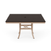 48" Universal square commercial patio dining table with Northeastern Walnut MGP top, Textured Antique Beige aluminum frame, and center umbrella hole