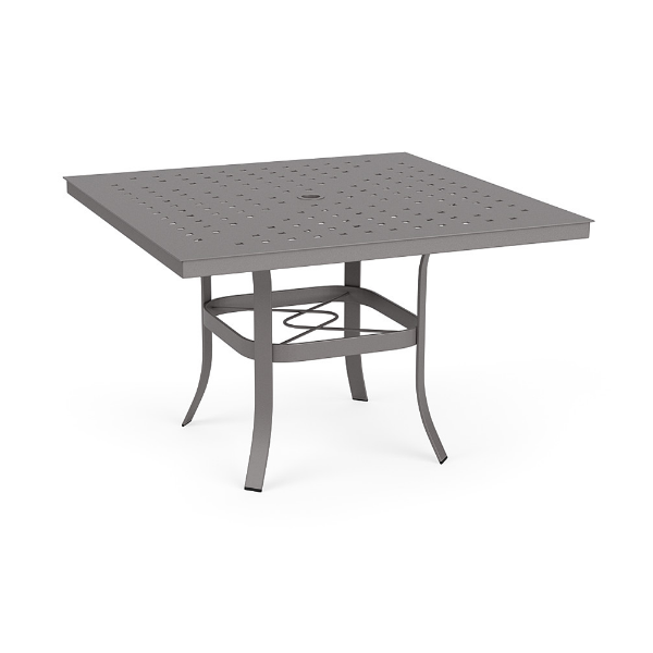 42" Universal aluminum square commercial patio dining table in Titanium Gray with Cube patterned tabletop and center umbrella hole