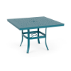 42" Universal aluminum square commercial patio dining table in Metallica Lagoon with Bubble patterned tabletop and center umbrella hole
