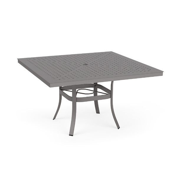 48" Universal aluminum square commercial patio dining table in Titanium Gray with Cube patterned tabletop and center umbrella hole