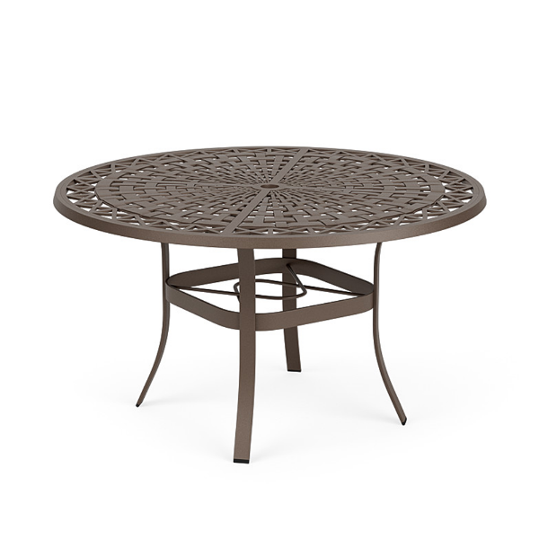 48" Universal aluminum round commercial patio dining table in Textured Espresso with Woven patterned tabletop and center umbrella hole