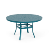 48" Universal aluminum round commercial patio dining table in Metallica Lagoon with Bubble patterned tabletop and center umbrella hole