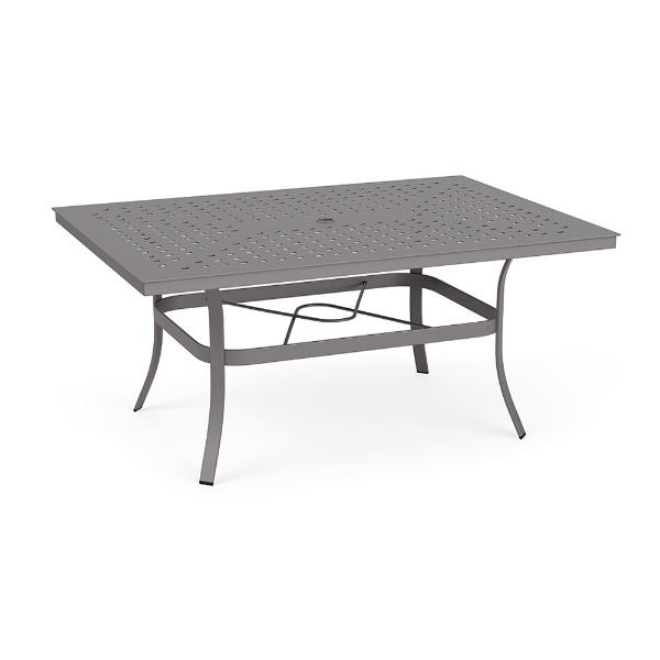 42" x 60" Universal aluminum rectangular commercial patio dining table in Titanium Gray with Cube patterned tabletop and center umbrella hole