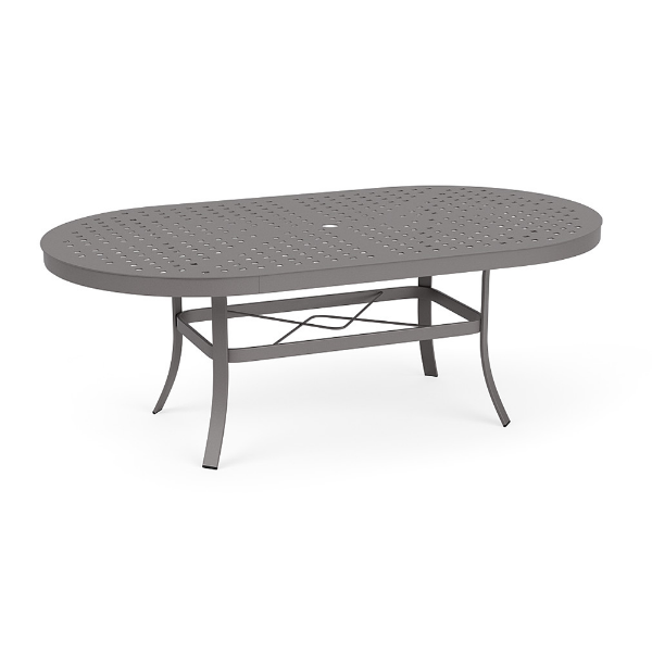 42" x 60" Universal aluminum oval commercial patio dining table in Titanium Gray with Cube patterned tabletop and center umbrella hole