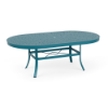 42" x 60" Universal aluminum oval commercial patio dining table in Metallica Lagoon with Bubble patterned tabletop and center umbrella hole