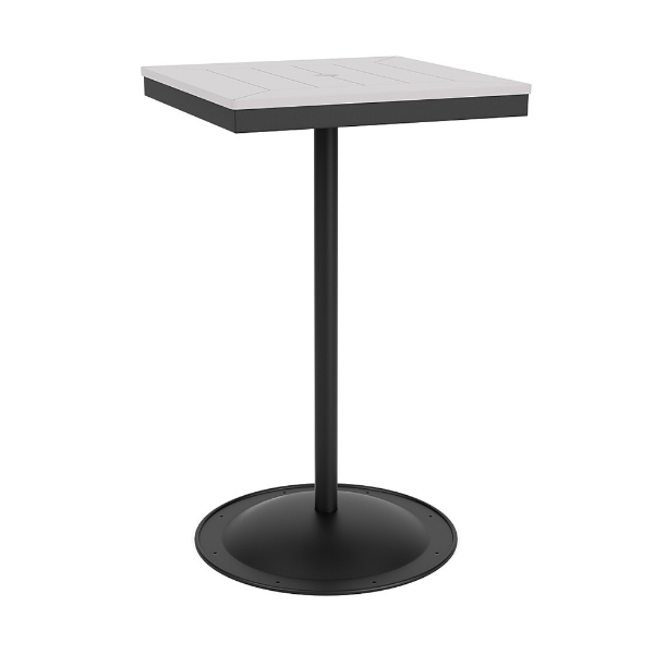 24" square bistro commercial bar table with Starlight Black pedestal base and White slatted MGP tabletop