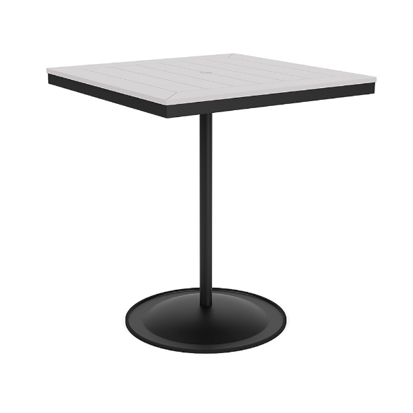 36" square bistro commercial bar table with Platinum pedestal base and Navy slatted MGP tabletop