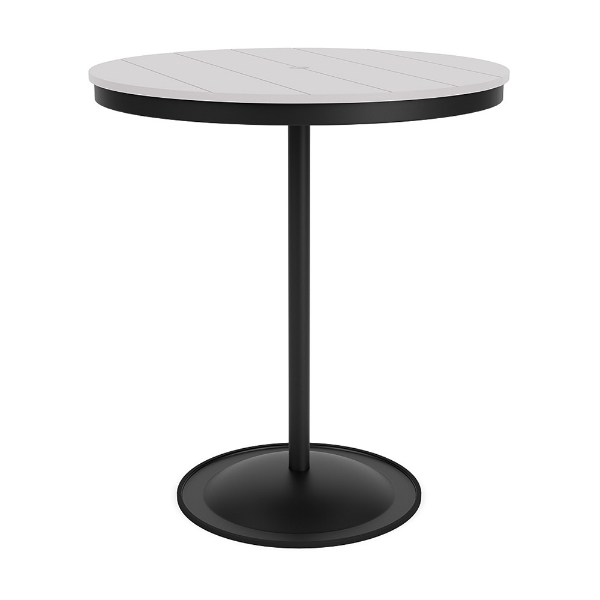 36" round bistro commercial bar table with Starlight Black pedestal base and White slatted MGP tabletop