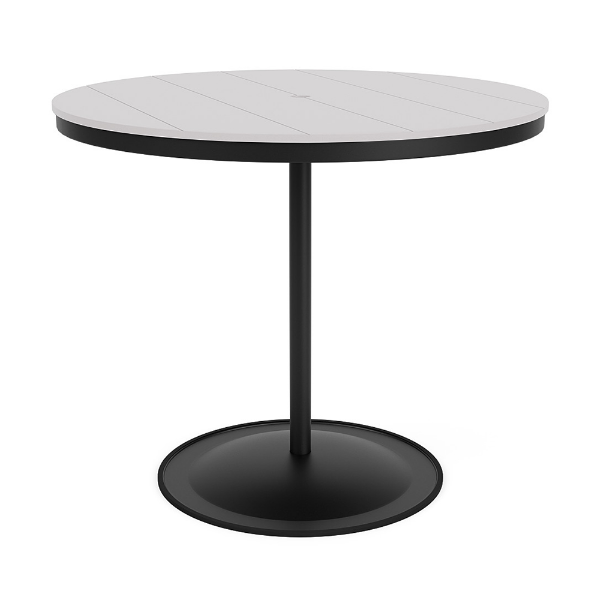 48" round bistro commercial bar table with Starlight Black pedestal base and White slatted MGP tabletop