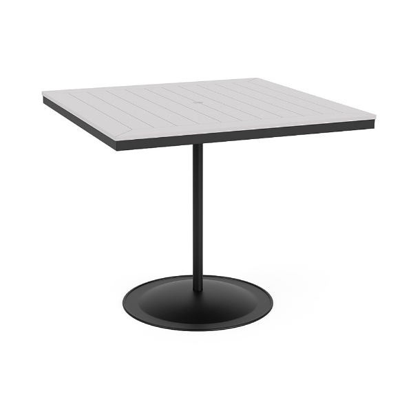 48" square bistro commercial bar table with Starlight Black pedestal base and White slatted MGP tabletop