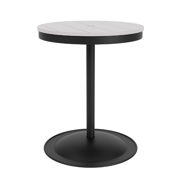 24" round bistro commercial dining table with Starlight Black pedestal base and White slatted MGP tabletop