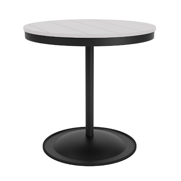 30" round bistro commercial dining table with Starlight Black pedestal base and White slatted MGP tabletop