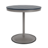 30" round bistro commercial dining table with Platinum pedestal base and Navy slatted MGP tabletop