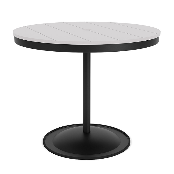 36" round bistro commercial dining table with Starlight Black pedestal base and White slatted MGP tabletop