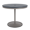 36" round bistro commercial dining table with Platinum pedestal base and Navy slatted MGP tabletop