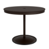36" round bistro commercial dining table with Coffee Bean pedestal base and Northeastern Walnut slatted MGP tabletop