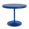 36" round bistro commercial dining table with Marina pedestal base and Royal Blue slatted MGP tabletop